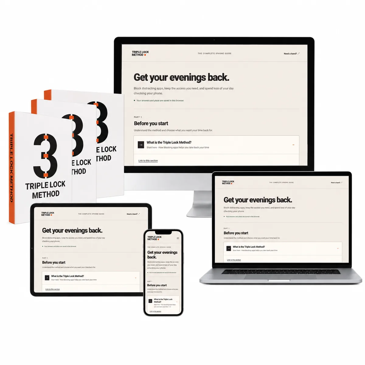 Triple Lock mini-course presented on realistic desktop, laptop, tablet and phone mockups using our course screens